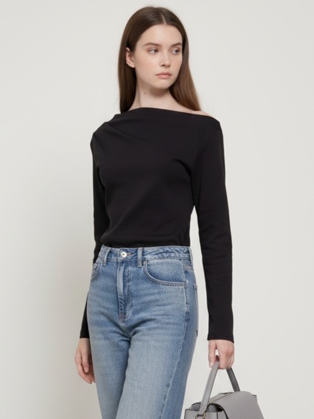 1610 • Black Asymmetric Cotton Blend Scuba Long Sleeve Pleat Shoulder Top